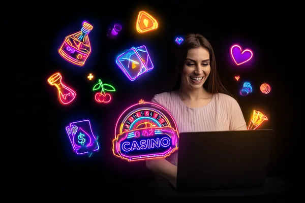 A woman smiling while playing online games on her laptop, surrounded by neon casino elements, showcasing 588WINBD’s diverse game collection.
