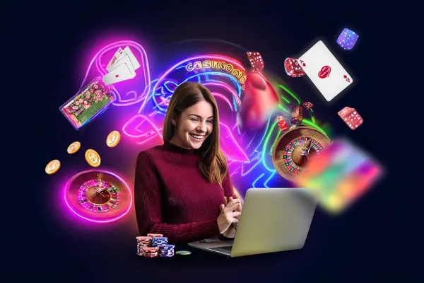 A man celebrating a winning moment on his laptop while gaming symbols float around him, capturing the excitement of 588WINBD games.